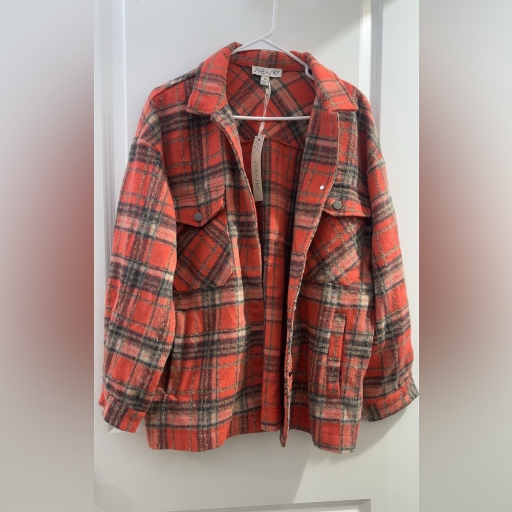 NEW She and Sky Button Up Top Jacket Orange Plaid Heavy Size Medium NWT - Picture 3 of 6